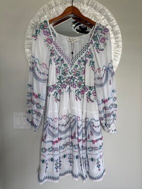 Hale Bob White Floral Embroidered Long-Sleeve Midi Dress